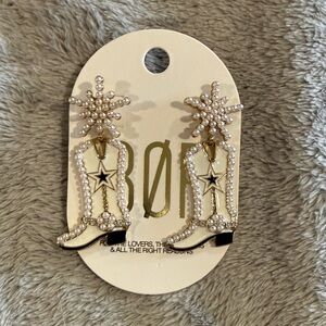 Pearl-Trim White Cowboy Boot Earrings with Star Accent